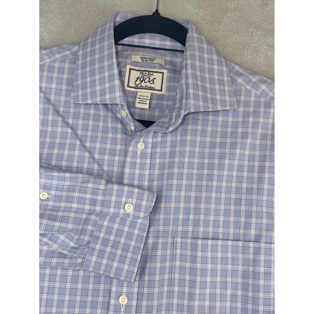 Jos A Bank 1905 Mens 15.5X33 Slim Fit Non Iron Dress Shirt Blue Plaid Long Slv